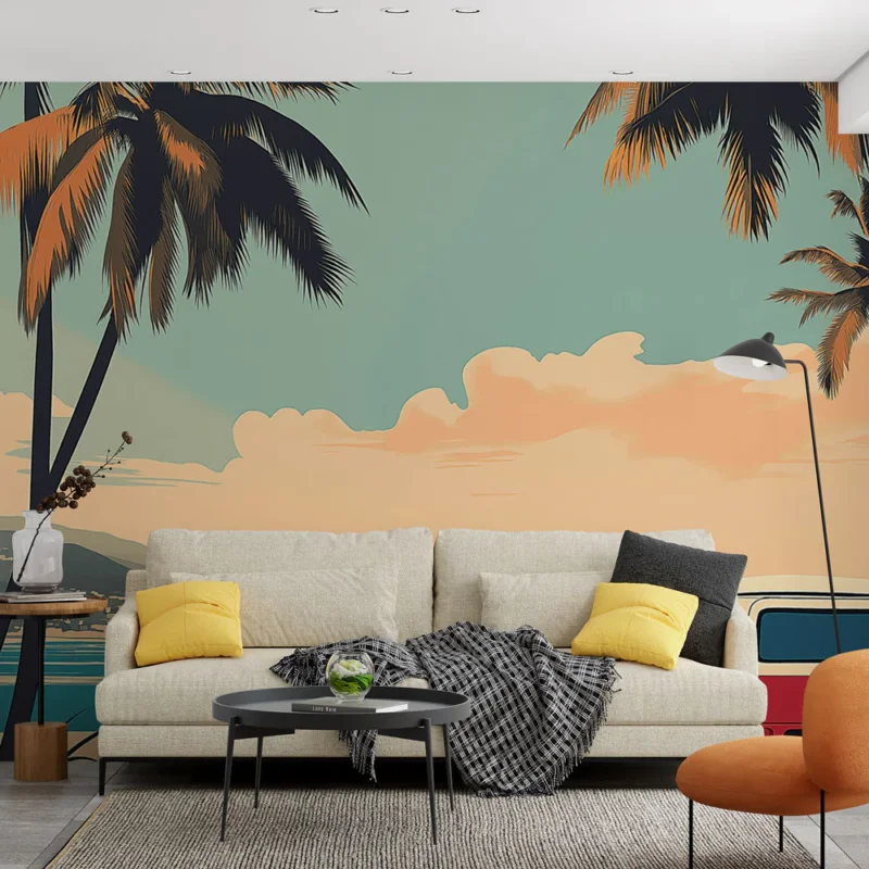 Papier peint plage tropicale Van coloré et palmiers sous un ciel pastel Commande En Gros