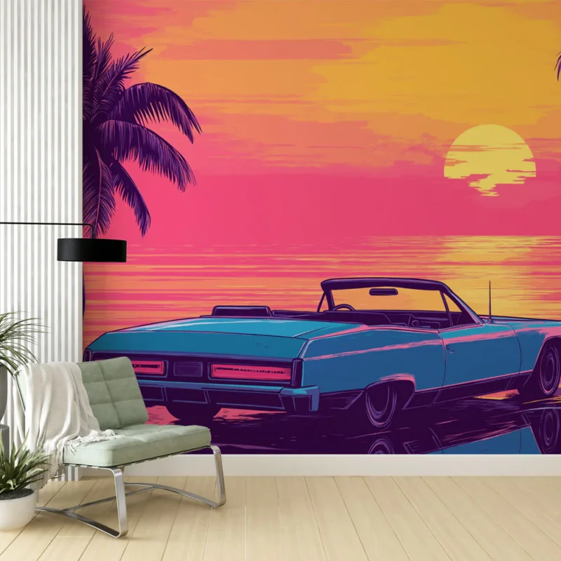 Meilleure Vente Papier peint coucher de soleil Voiture rétro sous un ciel flamboyant