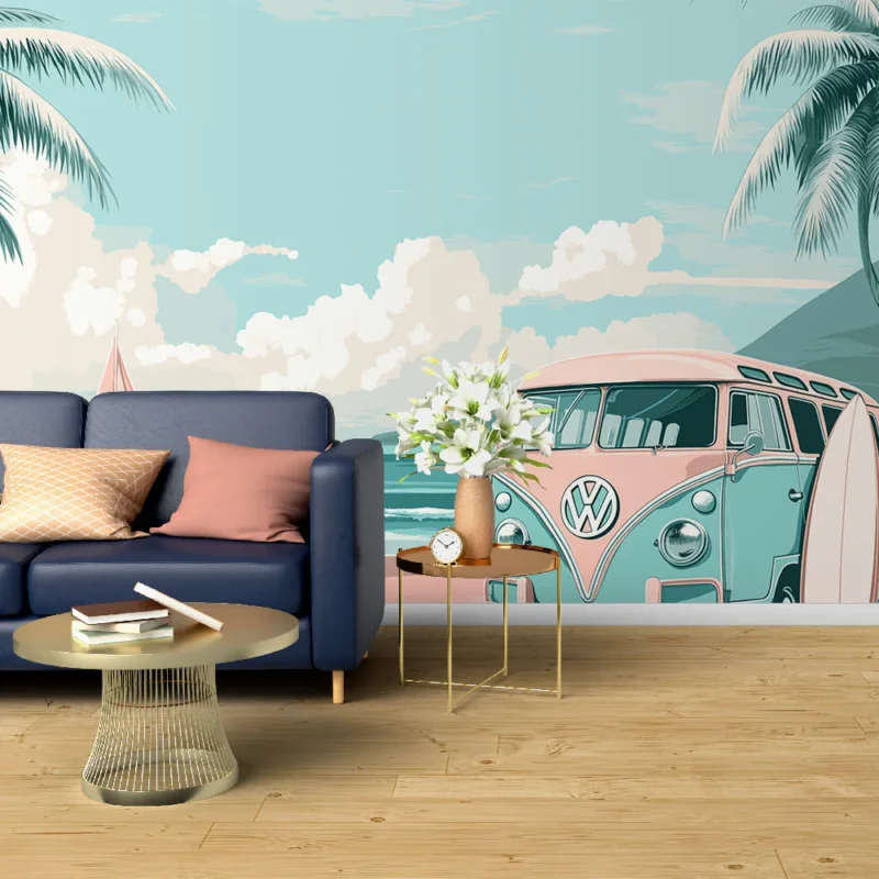Livraison Express Papier peint plage Volkswagen vintage sur fond de plage tropicale