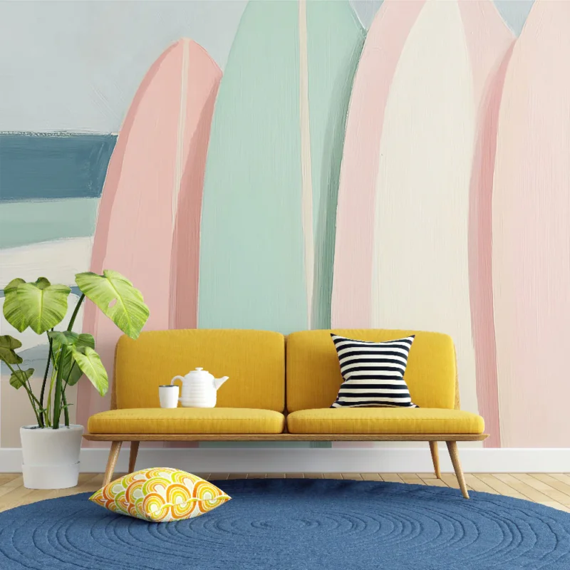 Papier peint surf Surfboards pastel sur fond de plage Remise