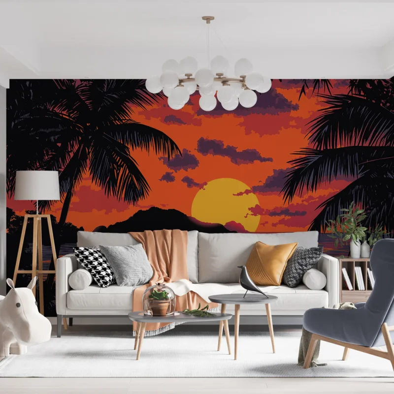 Papier peint coucher de soleil Paysage tropical avec palmiers et mer brilliante Vente Directe