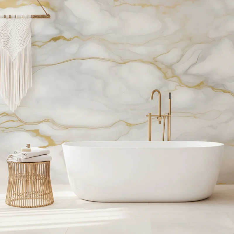 Papier peint salle de bain Effet marbre blanc veinages dorés Promotion Saisonnière