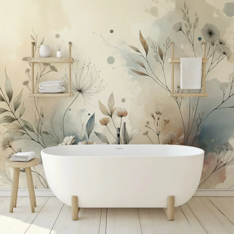 Vente Flash Papier peint salle de bain Fleurs et herbes sauvages beiges et bleues