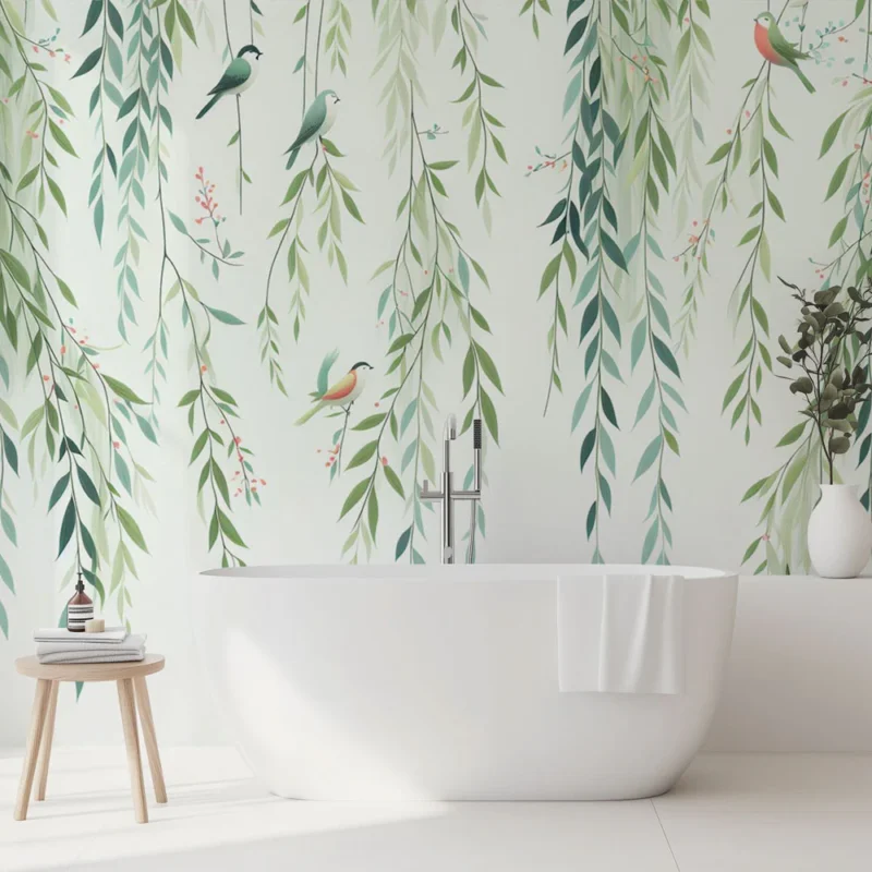 Papier peint salle de bain Oiseaux et feuilles tombantes vertes et bleues Offre Spéciale