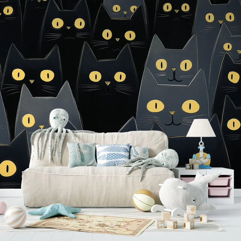 Petit Prix Papier peint chats Motif de chats noirs aux grands yeux jaunes