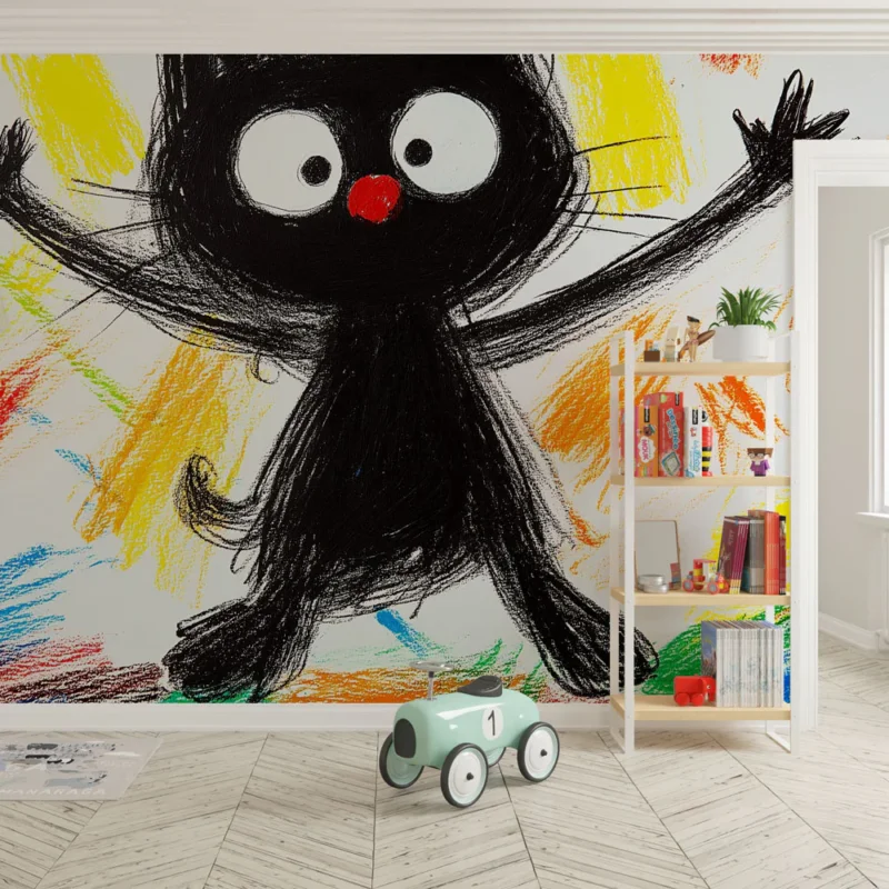 Pas Cher Papier peint chat coloré Un chat noir joyeux sur fond pastel vif