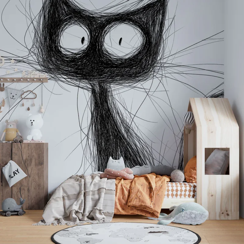 Prix Bas Papier peint chat artistique Illustration noire et blanche d‘un chat stylisé