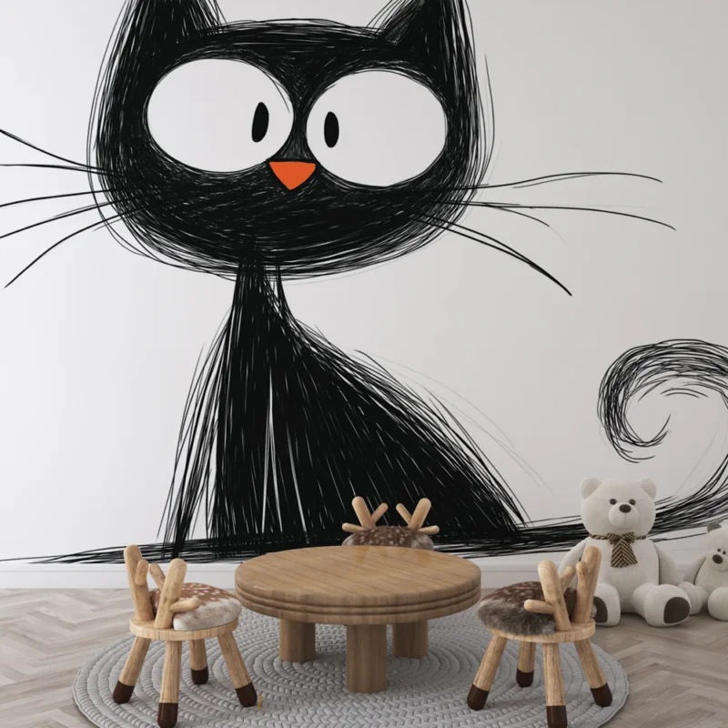 Nouveauté Papier peint chat artistique Dessin stylisé d‘un chat noir aux grands yeux