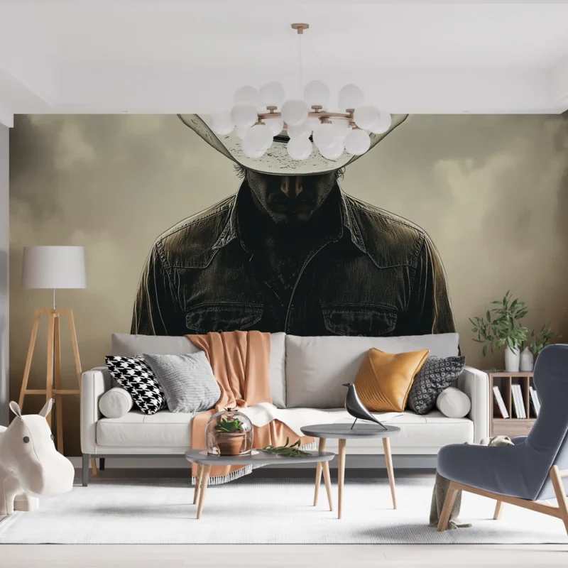 Papier peint cowboy Silhouette d‘un cowboy au chapeau blanc sur fond dramatique Paiement Sécurisé