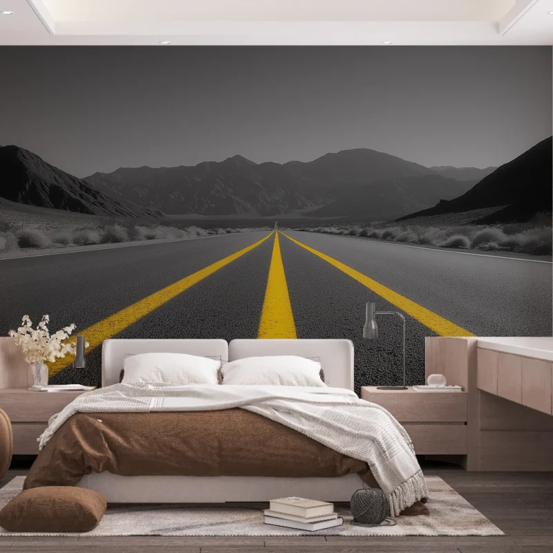 Dernier Modèle Papier peint paysage de route Route déserte avec lignes jaunes vibrantes