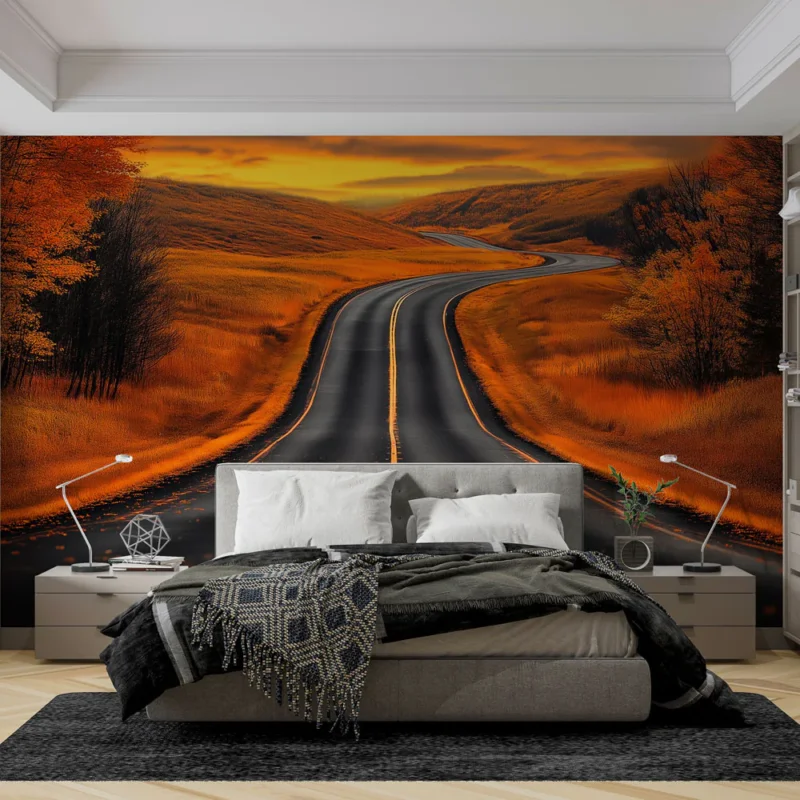 Must-Have Papier peint route sinueuse Paysage automnal vibrant avec nuances orange