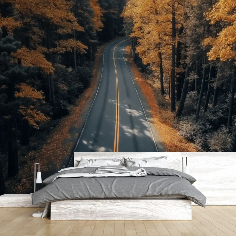 Quantité Limitée Papier peint paysage automnal Route sinueuse entourée d‘arbres aux feuilles dorées