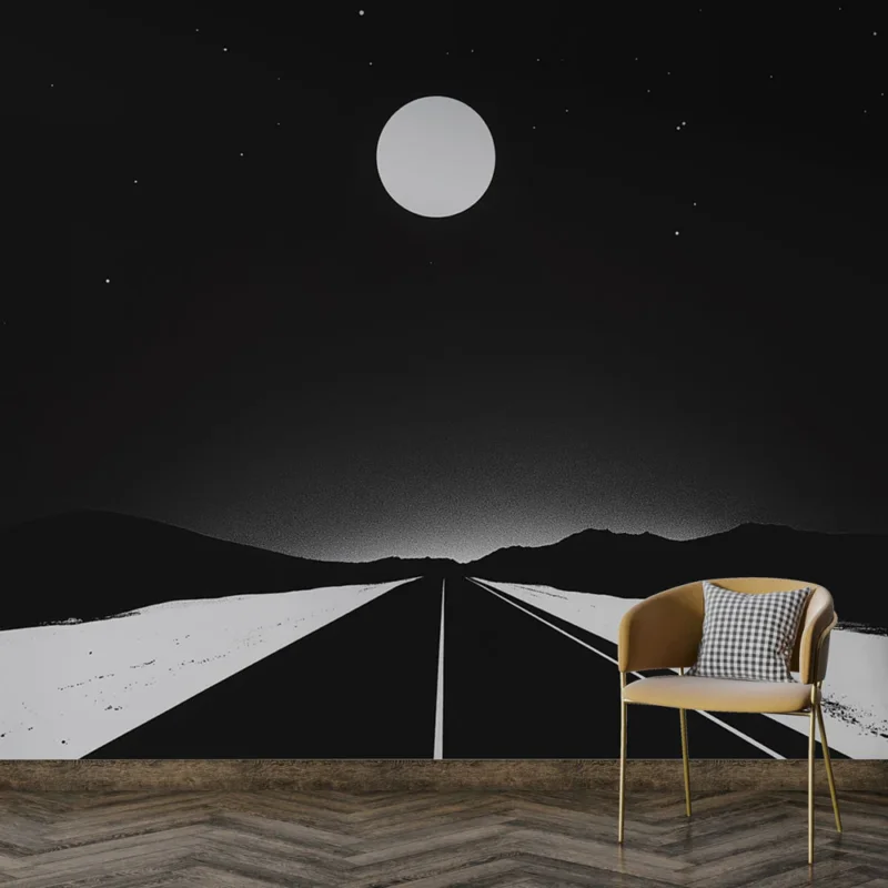 Bon Marché Papier peint paysage nocturne Route solitaire sous la pleine lune