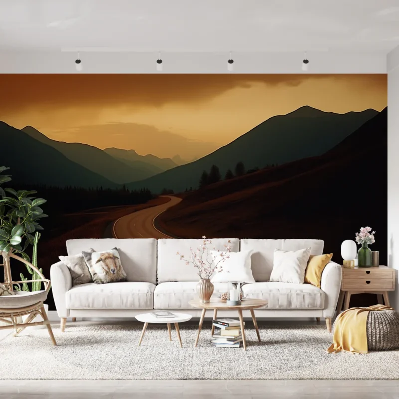 Papier peint paysage montagneux Route sinueuse au coucher de soleil Authentique