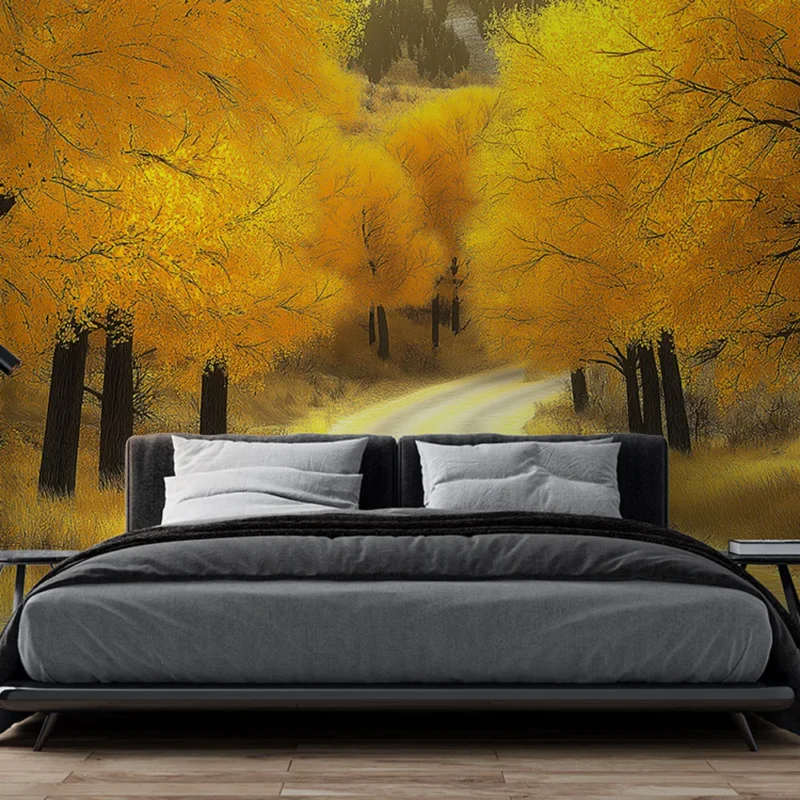 Papier peint automnal Chemin serpentant bordé d‘arbres dorés Offre Exclusive