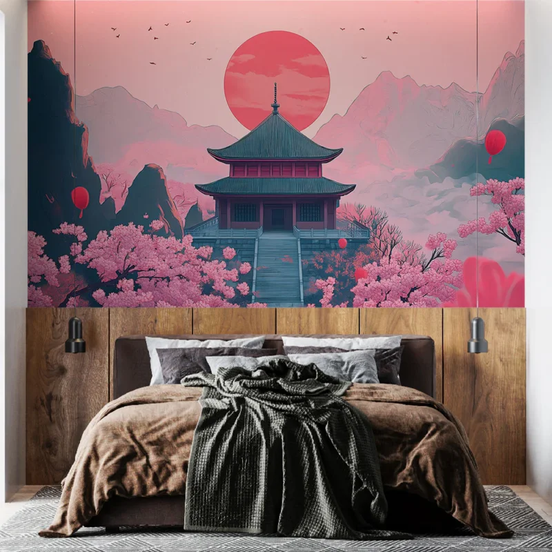 Solde Papier peint paysage asiatique Temple traditionnel avec cerisiers sous un ciel rose
