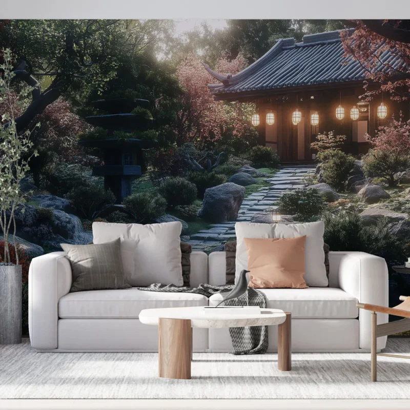 Papier peint jardin zen Paysage serein avec un pavillon traditionnel Offre Exclusive