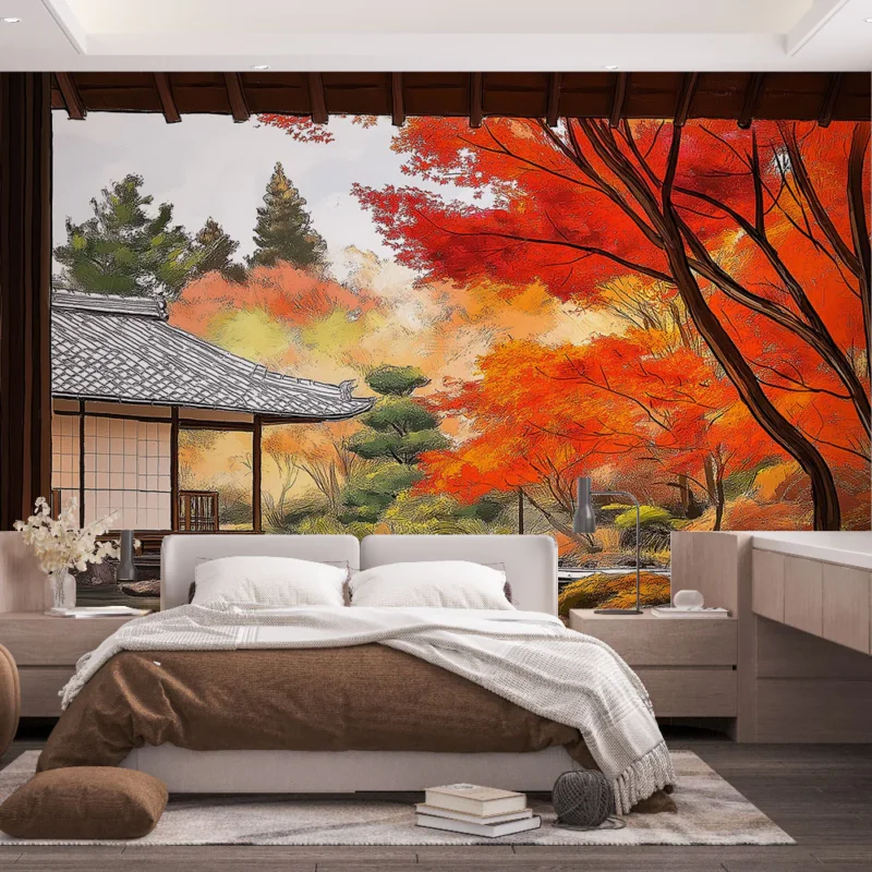 Papier peint jardin japonais Scène d‘automne avec érables rouges et architecture traditionnelle Commander Maintenant