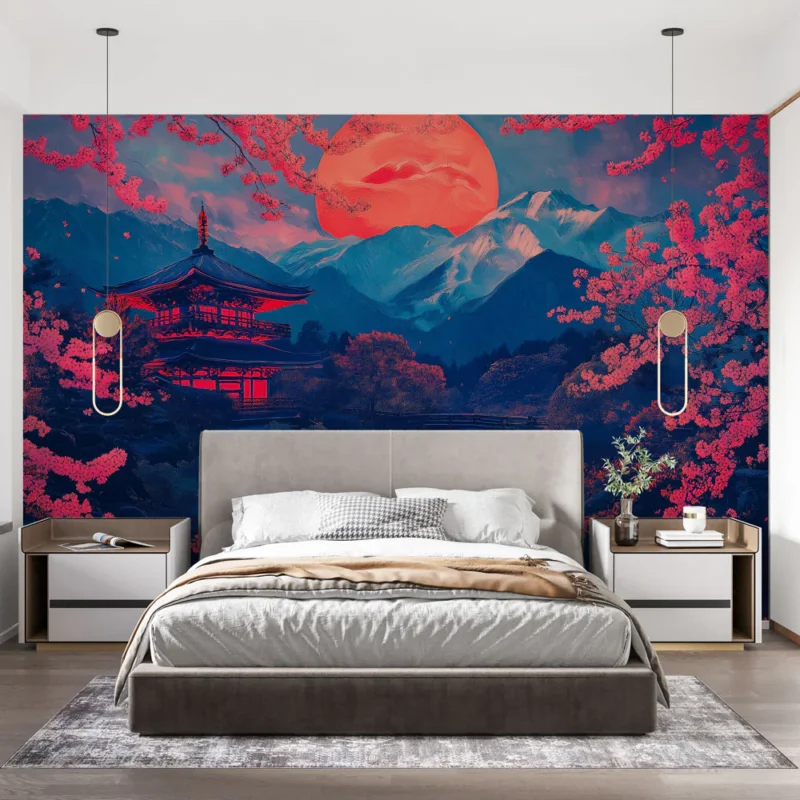 Papier peint paysage japonais Montagnes majestueuses et fleurs de cerisier au coucher de soleil Produit De Marque
