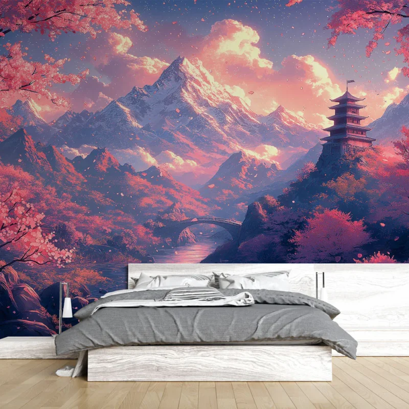 Papier peint paysage japonais Montagnes majestueuses et cerisiers en fleurs Nouveauté