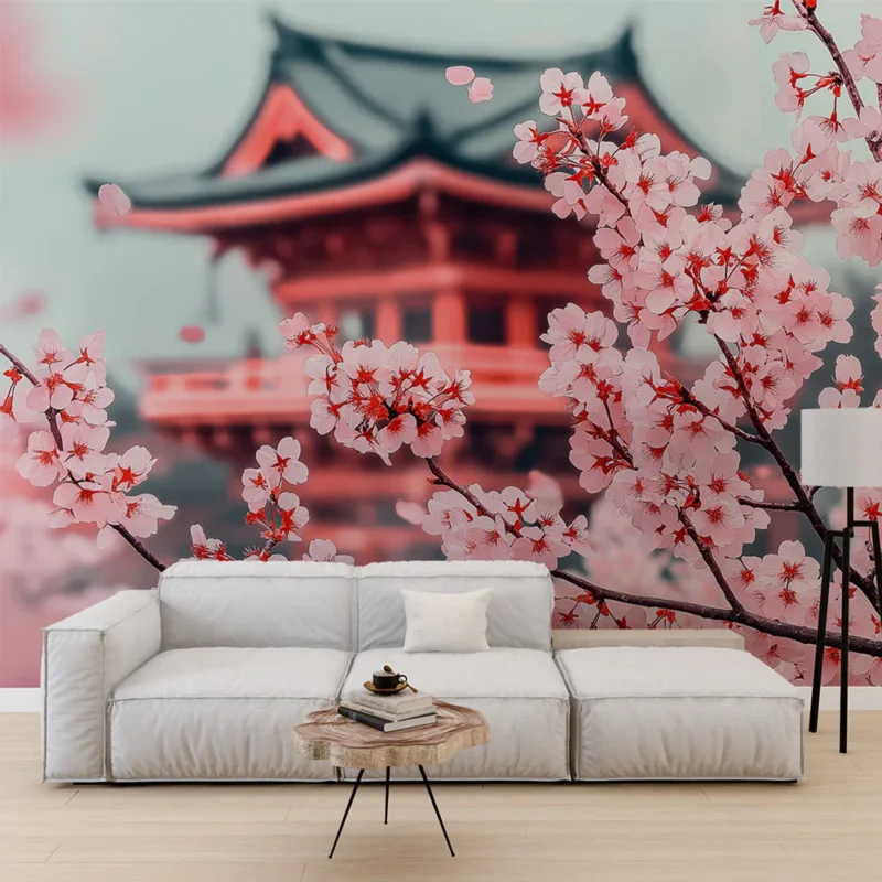 Papier peint cerisier Fleurs de cerisier en fleurs avec un pavillon Expédié Aujourd'hui