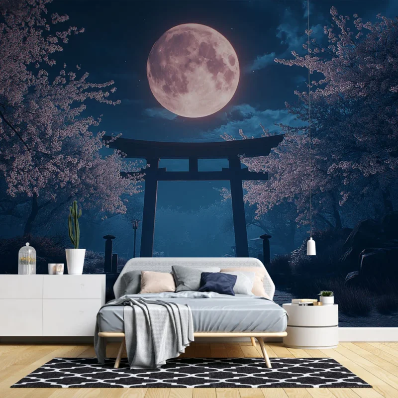 Papier peint nuit étoilée Paysage de cerisiers sous une pleine lune Promotion Saisonnière