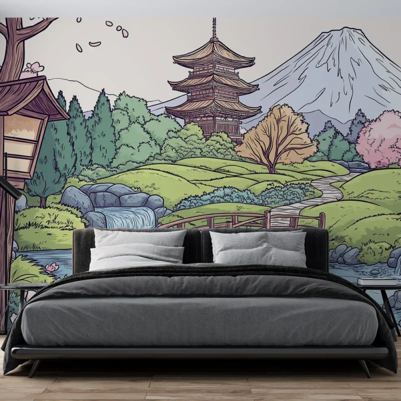 Commander Maintenant Papier peint paysage japonais Scène paisible avec cerisiers en fleurs et une pagode